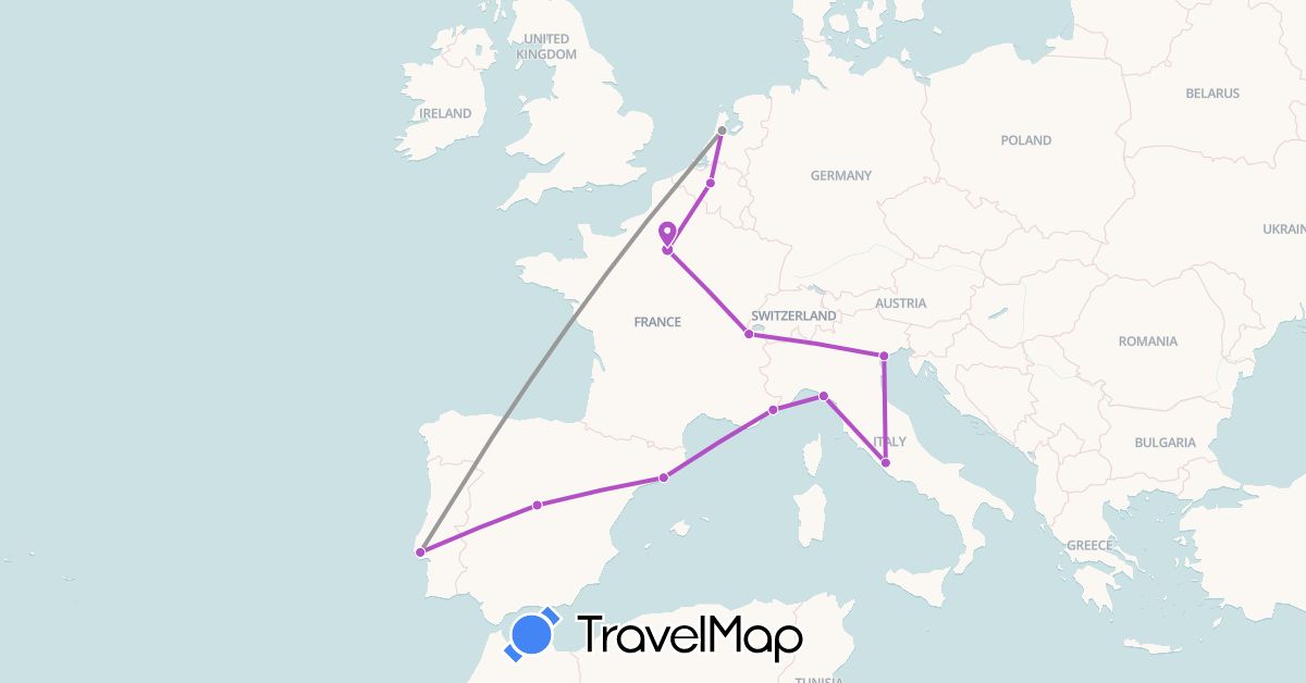 TravelMap itinerary: driving, plane, train in Belgium, Switzerland, Spain, France, Italy, Netherlands, Portugal (Europe)